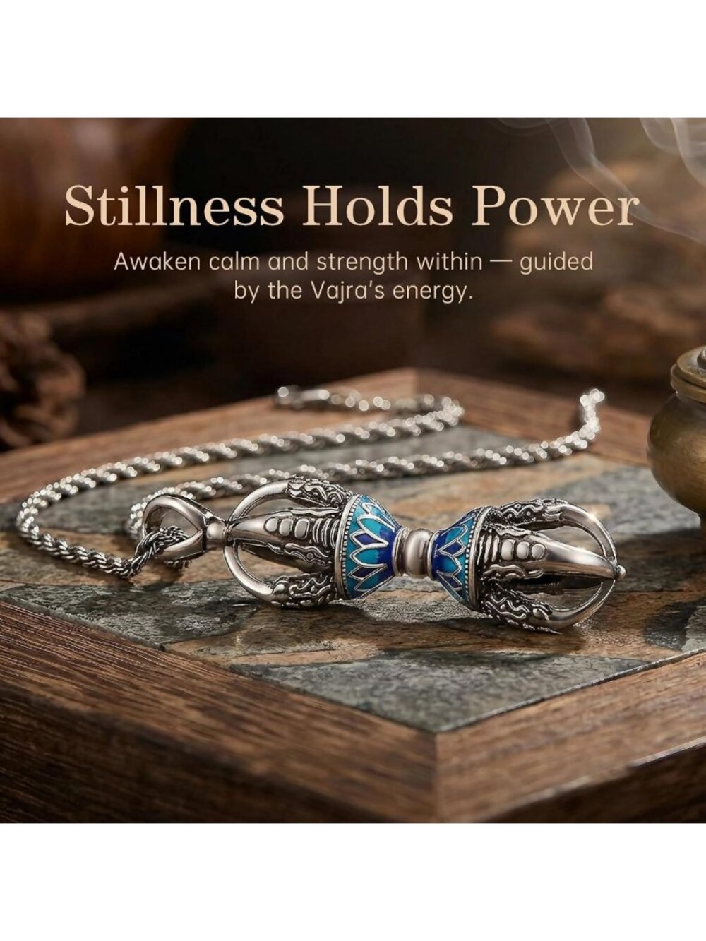 Men's Tibetan Vajra Necklace | Silver Dorje Pendant, Adjustable Rope Chain - Picture 5 of 8